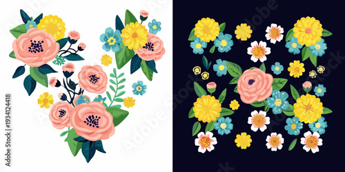 Floral arrangements in contrasting color schemes bright and dark backgrounds