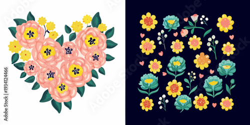Floral arrangement featuring coral yellow and teal blooms on contrasting backgrounds