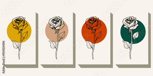 Four stylized roses in circles with different color palettes