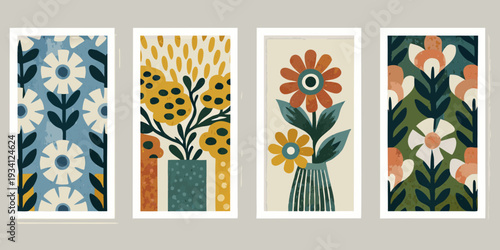 Four botanical art prints featuring stylized flowers and foliage designs