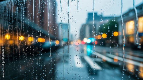 Rainy City Street Scene with Blurred Lights and Reflections