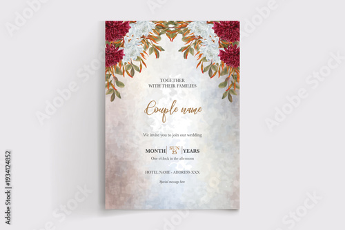 WEDDING INVITATION FRAME WITH FLOWER DECORATIONS AND FRESH LEAVES