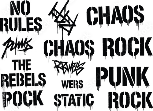 Set of 9 punk rock typography elements vector