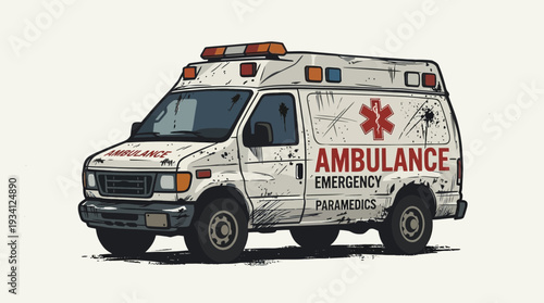 Worn ambulance with red cross emblem, emergency medical vehicle