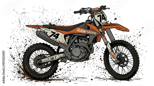 Dirt Bike with Number 74 on White Background, Mud Splatters