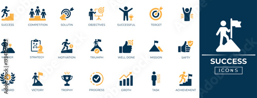 Success solid icon set for target,  winner, challenge, achievement, leadership, award, motivation, and motivational project presentations.