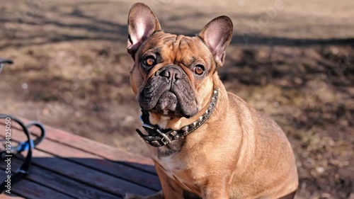 An adorable bulldog sits on a park bench and looks around.