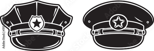 Police officer hat badges in black and white illustration
