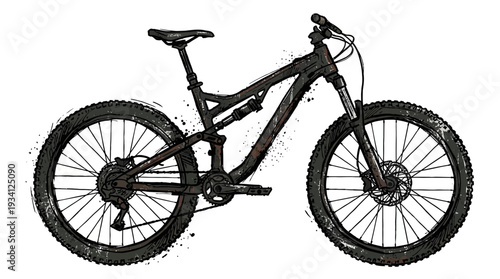 Full suspension mountain bike silhouette, grunge style, isolated on white