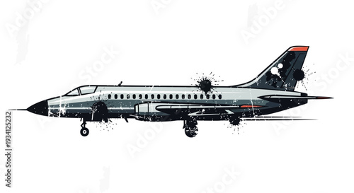 Military Jet Fighter Plane with Skull Emblem and Bullet Holes