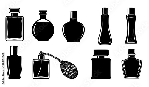 Perfume Bottle Silhouette Vector Set Modern Black and White Fragrance Packaging Illustration