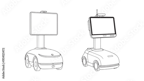 Telepresence service robots with customer-facing displays illustrating contactless patient engagement, remote monitoring platforms and commercialization pathways for healthcare automation
