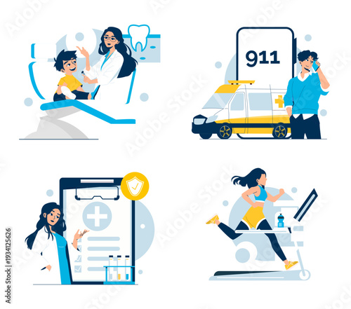 Healthcare and Fitness Activities Vector Illustration Set