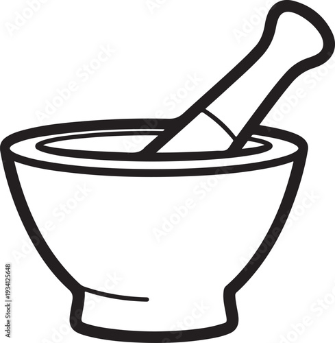 Black and white line of a mortar and pestle kitchen utensil grinding crushing herbs