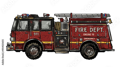 Vintage Fire Truck, Fire Dept. Engine 19, Emergency Vehicle Illustration