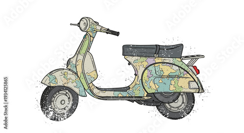 Vintage scooter with abstract paint splatter and pastel colors on white background