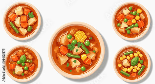 Assorted bowls of stew with various vegetables and ingredients in a simple illustration style from a straightforward viewpoint