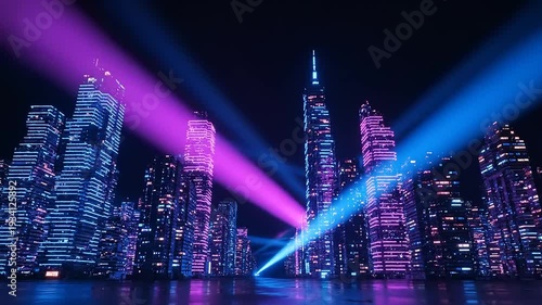 City Skyline with Neon Lights at Night.