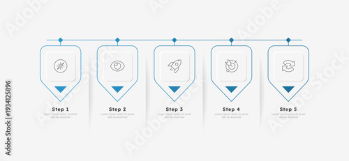 Business development strategy pennant horizontal timeline infographic 5 steps. Effective startup launching. Upgrading company. Editable thin line icons diagram process. Lexend font used