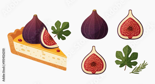 A vibrant illustration of figs and pastry on a clean white surface viewed from directly above with natural elements nearby