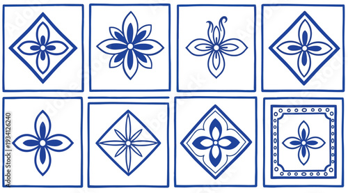 Collection of blue and white ceramic tiles with floral patterns isolated on white background