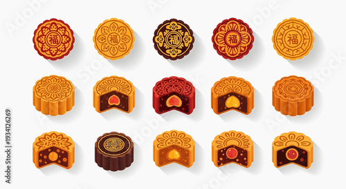 Assorted traditional pastries displayed on a clean white surface, showcasing various designs and fillings from different cultural influences and culinary traditions.