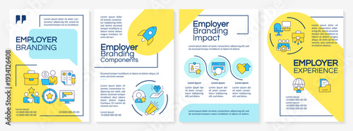 Employer branding blue and yellow brochure layout. Components, impact and experience. Leaflet advertising design with color line icons. Editable 4 pages. Questrial, Lato-Regular fonts used