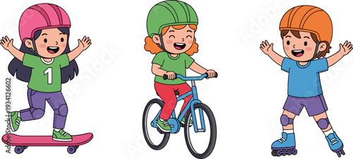 Three Kids in Helmets Riding Skateboard, Bicycle, and Rollerblades, Fun and Active Outdoor Playtime Illustration for Kids Fitness