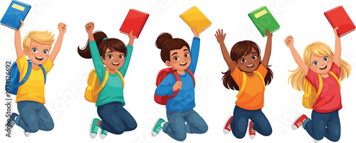 Happy school children jumping with books and backpacks, diverse kids celebrating education success isolated on white background illustration