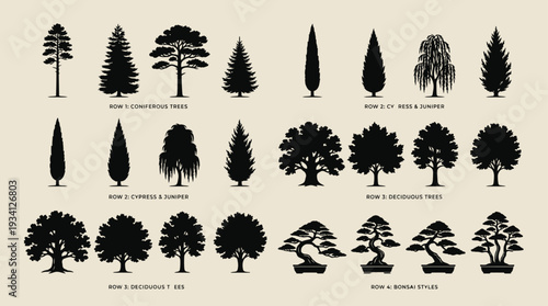 Minimalist Tree Silhouette Vector Collection – Pine, Oak, Cypress Forest Clipart Set