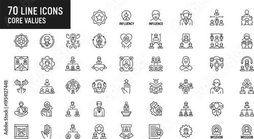 Large Collection of Seventy Minimalist Business Line Icons Representing Core Values Corporate Culture Leadership Teamwork and Professional Mission Statements for Websites