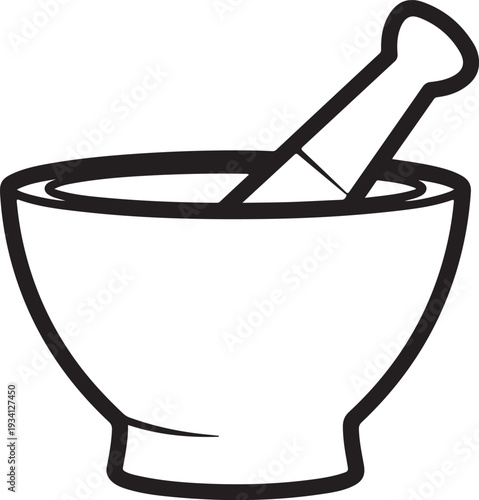 Black outline of a mortar and pestle on a white background kitchenware cooking grinding herbs