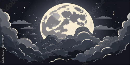 Full moon and stars over night sky with clouds and ocean vector illustration