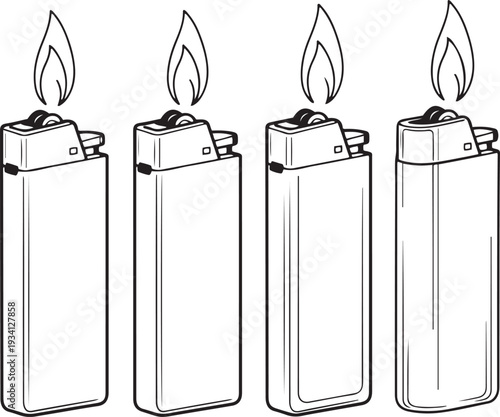 Four black and white line of disposable lighters with flames fire ignition 1 burning