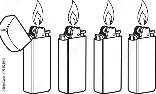 Four black and white line of disposable lighters with flames fire ignition