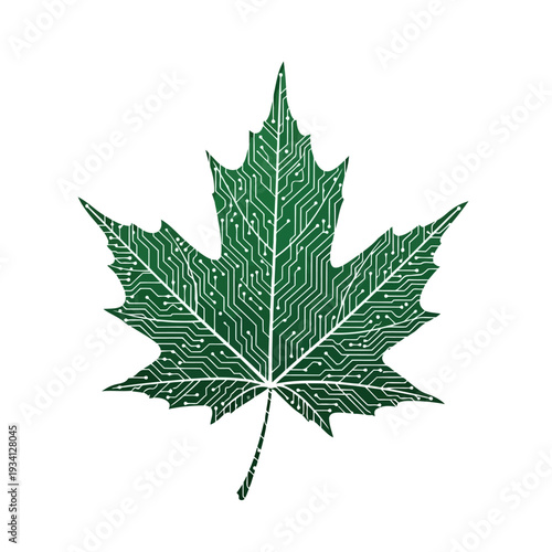 A green maple leaf with circuit board patterns on a white background