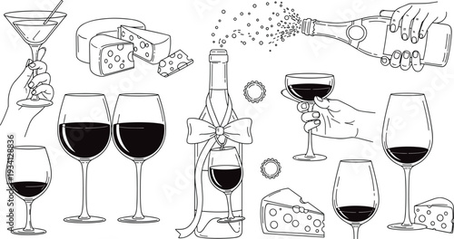 Wine bottle and champagne glasses set with cheese, cad drawing flat vector illustration, celebration icons for party or restaurant menu.