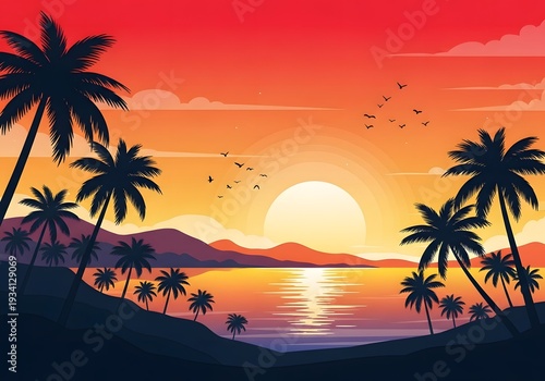A serene tropical landscape with palm trees at sunset over water