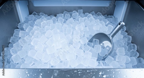 a large metal container filled with ice cubes and a scoop close up detail view natural lighting copy