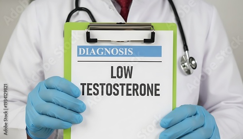 Doctor holding clipboard with diagnosis low testosterone, medical concept for hormone deficiency, men's health, and treatment options featuring physician, healthcare, hypogonadism with andrology and