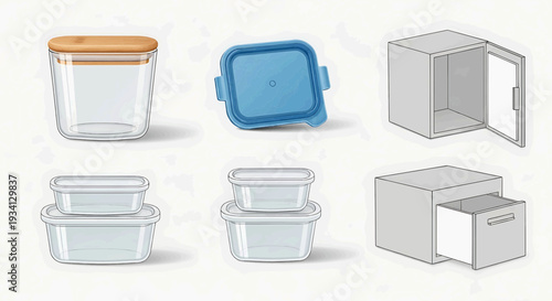 Various kitchen storage containers and appliances depicted in a minimalist style from different viewpoints