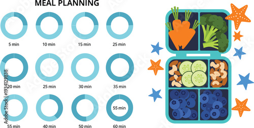 Meal Planning Schedule and Healthy Bento Box Illustration with Timer Icons for Nutrition Tracking, Weight Loss Apps, and Wellness Infographic Design Templates