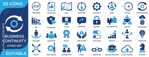 Business continuity solid icon set featuring risk management, disaster recovery, security, resilience, prevention, and crisis response. Flat vector icons for corporate continuity planning projects.