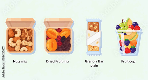 Assorted healthy snacks in containers, including nuts, dried fruit, granola, and fruit cups on a plain background, viewed from directly above.