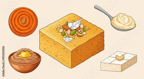 Assorted sweet desserts with cake, pastry, and sweet treats on a flat surface, viewed from directly above.