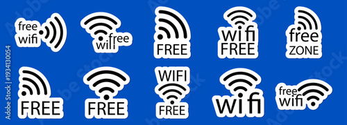 Wifi free password zone with a strong signal and cool vector icon, for logo sticker or sign symbol through router wave and wlan fi set. Round signage spot in a network area, featuring a label