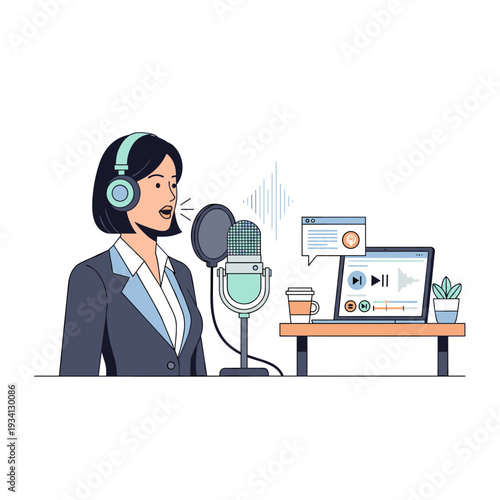 Woman Wearing Headphones Speaking into Microphone.