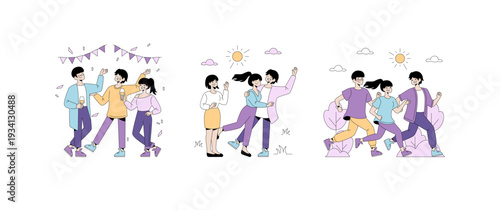 Vector Illustration of Excited Group Parties and Outdoor Fun