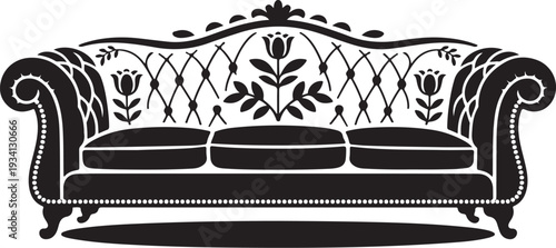 Black and white of a vintage sofa with floral pattern