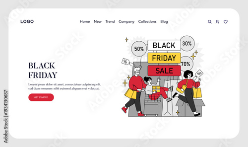 Black Friday Shopping Vector Illustration with Excited Shoppers
